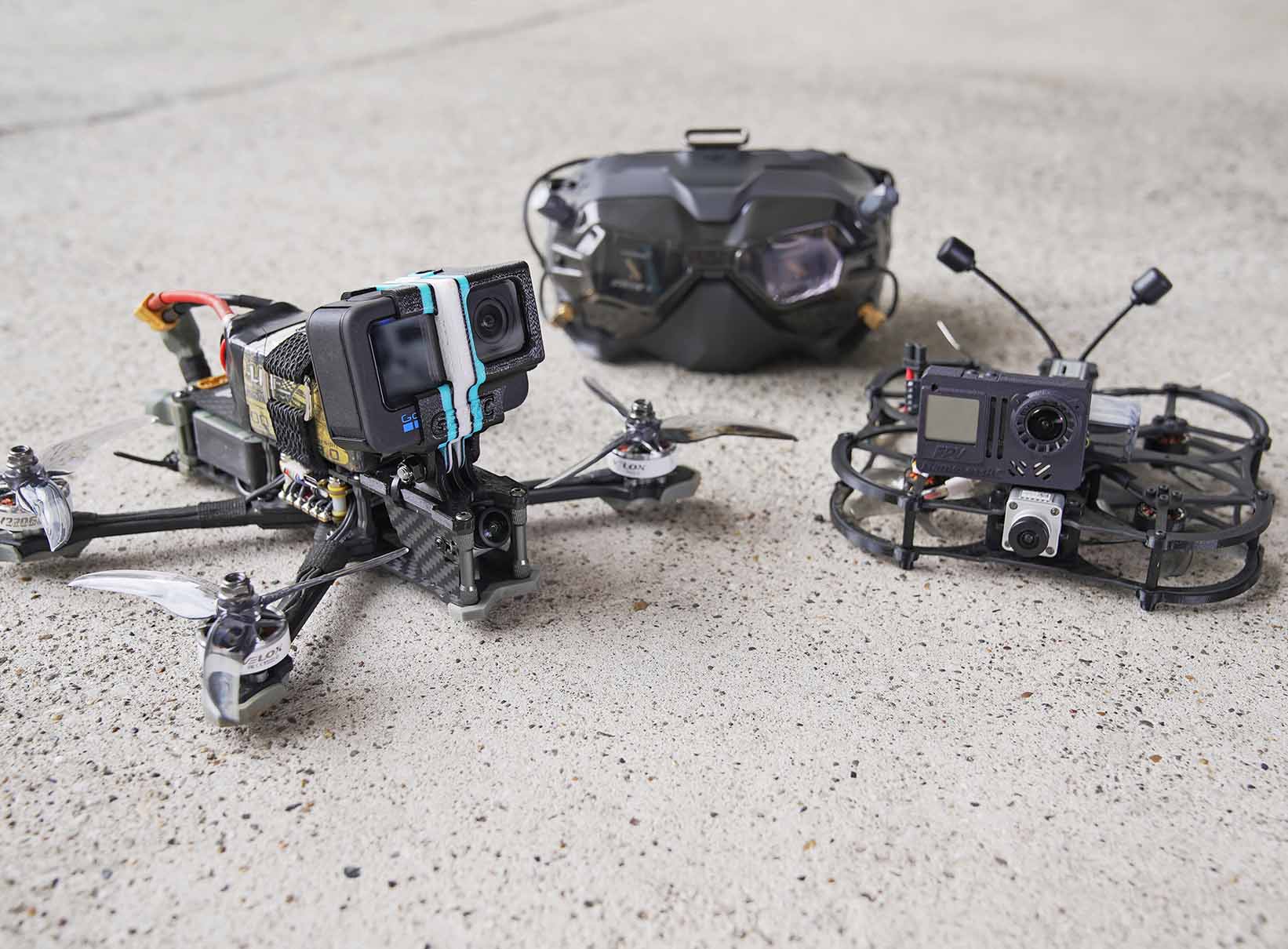 FPV drone and goggles are pictured together.