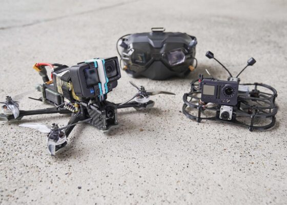 FPV drone and goggles are pictured together.